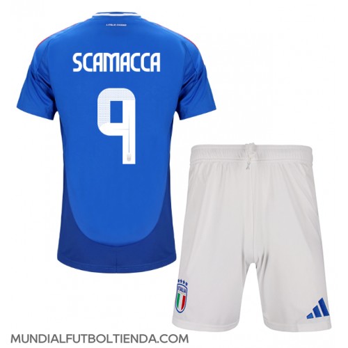 Camiseta Italia Gianluca Scamacca #9 Primera Equipación Replica Eurocopa 2024 para niños mangas cortas (+ Pantalones cortos)